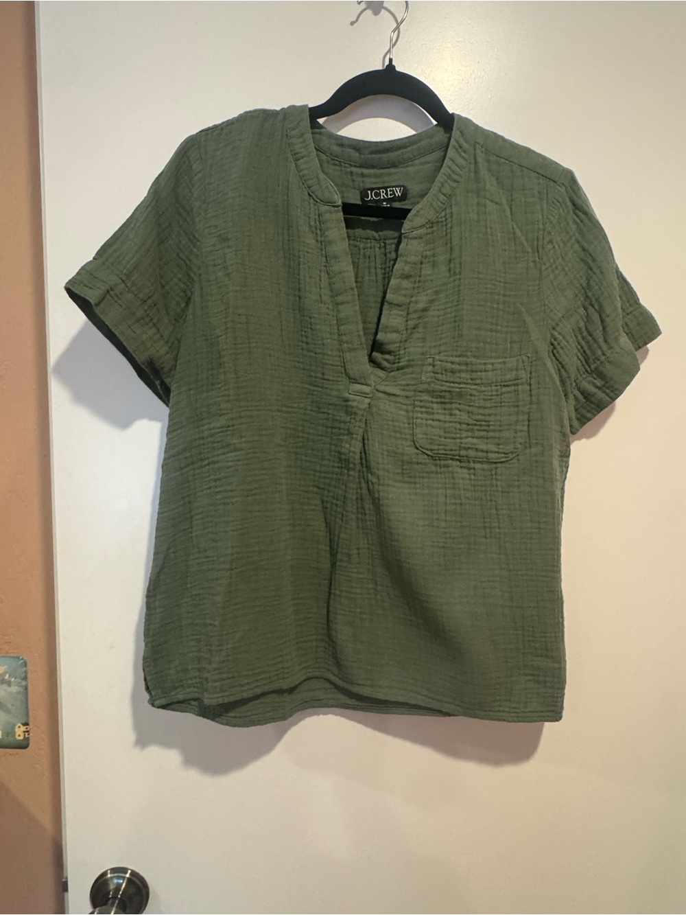 J. Crew Olive Cotton Gauze Split V-Neck Button-Down Top